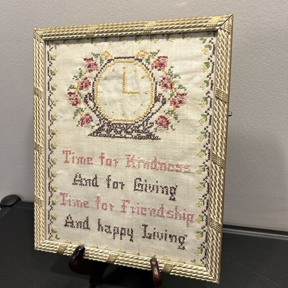 Vintage Framed Needlepoint Floral Hour Glass Time Kindness Giving cross stitch - Picture 1 of 4